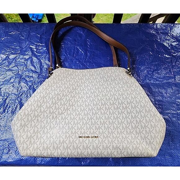 Michael Kors Canvas Handbag Tote Ivory "MK" Logo Pattern 3 Compartments - Picture 1 of 7